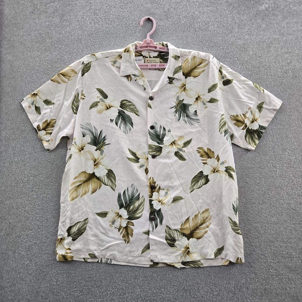 VINTAGE Royal Hawaiian Creations Men Button Up Shirt‎ XL White Floral
